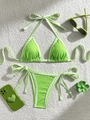 Dettaglio di bikini verde neon testurizzato con bordo ondulato bianco e lacci laterali - S / Verde