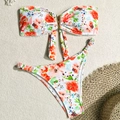 Bikini floreale due pezzi con dettaglio a V in metallo e bordo con pompon bianchi - S / Floreale Arancione
