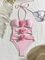 Bañador rosa de una pieza con tres flores 3D y elegantes recortes en la cintura - S / Rosa