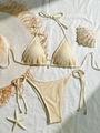 Handmade crochet mesh bikini set in beige with halter neck top and side-tie bottoms - S / Top And Bottom / Beige