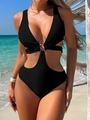 Sexy black backless one-piece bikini with deep V-neck and decorative gold metal rings - S / Black