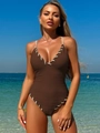 Detailed texture of brown ribbed fabric and white strap on a one-piece swimsuit - S / Brown