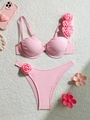 Pink two-piece underwire bikini set with 3D floral roses on fluffy white background - S / Pink