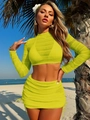 Detail van neongroene gebreide strandset met top met lange mouwen en rok met trekkoord - S / Geel
