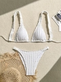 Detailed view of white ribbed bikini with halter top and textured vertical fabric - S / White