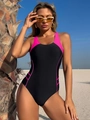 Bañador deportivo de una pieza en negro y rosa con costuras de contraste playa - S / Negro Patchwork Rosa