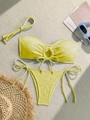 Detalle de un bikini amarillo con bordado de margaritas y diadema a juego - S / Amarillo