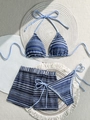 Conjunto de bikini de 3 piezas con top halter y pantalones cortos de rayas azules - S / Azul