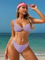 Detail of lavender bikini set with golden starfish metal buckle and ribbed texture fabric - S / Purple