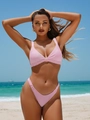 Pink two-piece triangle bikini set with ruffled edges on a sunny beach landscape - S / Pink
