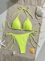 Detalle del bikini de malla verde neón con detalles de conchas naturales en esterilla - S / Amarillo Neón