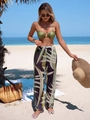Olive green bikini set and tropical leaf print sheer wide-leg pants for beach vacation - S / Green