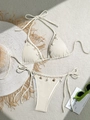 Detailed view of beige ribbed bikini with woven lace trim and seashell charms - S / Top And Bottom / Off-white