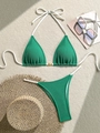 Emerald green ribbed halter bikini set with white strings and gold shell charm - S / Green