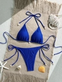 Detalle del bikini de ganchillo azul marino con colgantes de conchas blancas naturales - S / Azul