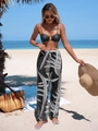Sexy mesh beach pants with high-waist leaf print and bikini top detail for summer vacations - S / Black