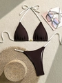 Detail of chocolate ribbed bikini set with gold shell buckle and white ties for beachwear - S / Brown