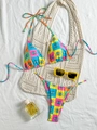 Checkboard evil eye print bikini set with halter top and side-tie bottoms on white fabric - S / Blue