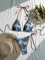 Blue and brown tie-dye two-piece bikini set with side-tie bottoms and halter top - S / Blue