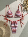 Détail à plat du bikini rayé en tissu éponge avec lanières rouges et motifs texturés - S / Rayé rouge et blanc