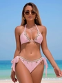 Pink three-point bikini set with shell and starfish charms on a sunny beach - S / Pink