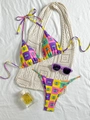 Close-up of colorful checkerboard and eye print bikini set with stylish summer accessories - S / Purple