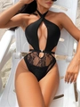 Maillot de bain une pièce noir sensuel avec décolleté licou et empiècements en dentelle - S / Noir