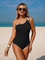 Detail of black one-shoulder swimsuit with gold starfish and white scalloped trim - S / Black