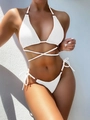 White halter bikini set with criss-cross waist ties and metal ring hardware accents - S / White