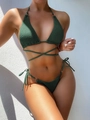 Dark green textured two-piece bikini set with halter top and metal ring details - S / Grey Green