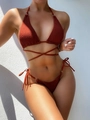 Detail of rust red bikini set with wrap-around ties, metal rings, and textured fabric - S / Brown
