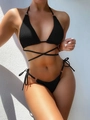 Detail of black bikini with wrap-around waist ties and gold metal ring hip accents - S / Black