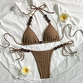 Brown knit bikini set with halter top, side tie bottoms and beaded strap details - S / Brown