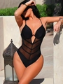 Women's black one-piece swimsuit with deep V-neck and sheer mesh patchwork panels - S / Black