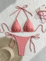 Bikini a quadretti rossi con top allacciato al collo e slip con lacci laterali - S / Rosso