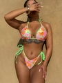 Sexy dames bikini set met bloemenprint, halter top en neon groene veters aan de zijkant - S / Oranje Bloemen