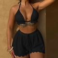Three-piece black bikini set with halter neck top and scalloped high waist shorts - S / Black