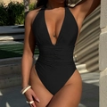 Bañador de una pieza negro con escote en V profundo, cuello halter y cintura fruncida - S / Negro