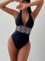 One-piece black swimsuit with leopard print waist and deep V-neck halter style - S / Black