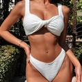 Close-up of white ribbed fabric texture and twisted front knot detail on bikini top - S / White