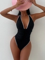 Chic black one-piece swimsuit with white scalloped trim and V-neck halter design - S / Black