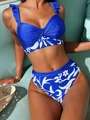 Blue ruffled bikini set with leaf print high waist bottoms and beach holiday vibes - S / Blue