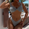 Two-piece black and white gingham bikini with twist-front top and high-cut bottoms - S / Black & White