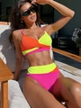Two-piece color block bikini set with neon orange and pink ribbed texture on a sun lounger - S / Rose Red