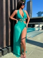 Two-piece turquoise cutout bikini with matching sheer chiffon sarong by the pool - S / Green