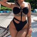 One-shoulder black ribbed swimsuit with cut-outs and metal ring details - S / Black