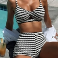Dettaglio del bikini a strisce bianche e nere a vita alta con nodo incrociato frontale - S / Nero & Bianco
