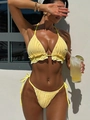 Vibrant yellow ribbed bikini set with ruffle trim and side-tie bottom for summer beachwear - S / Yellow