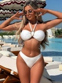 White halter neck bikini with gold buckle detail and pearlescent finish for resort style - S / White