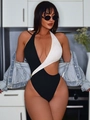 Monochrome cutout one-piece swimsuit with halter neck and side cutouts for women - S / Black